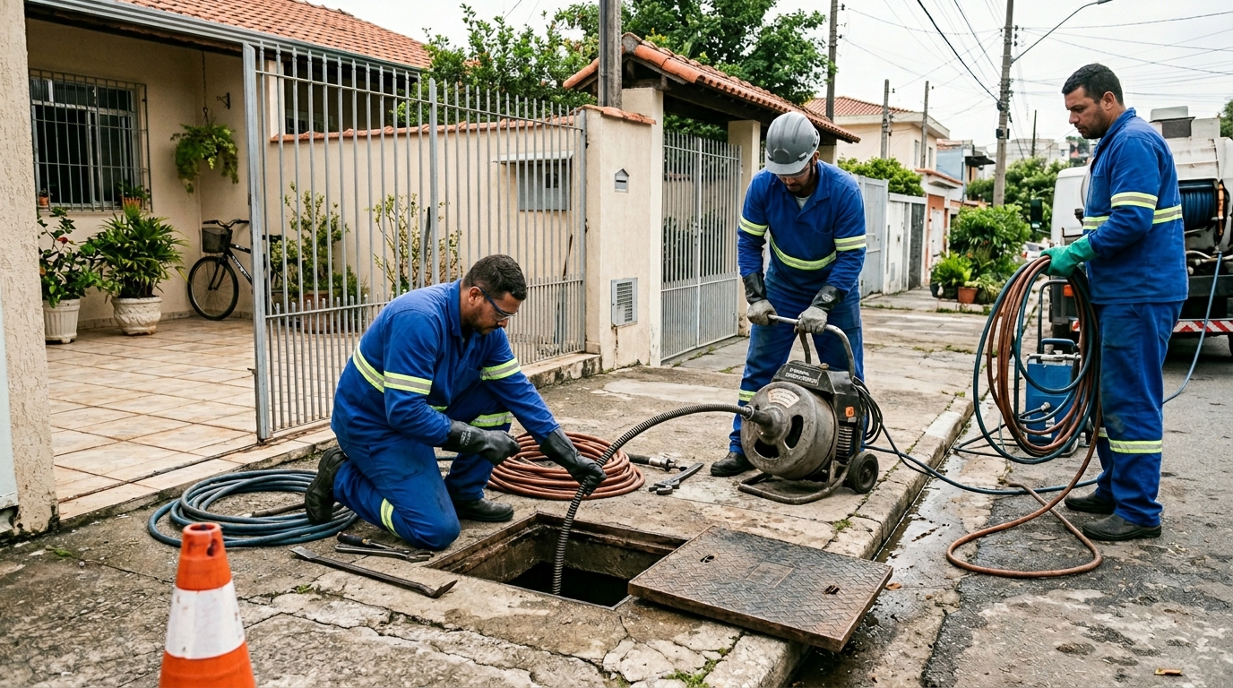 Equipe de desentupimento de esgoto em Cuiabá-MT